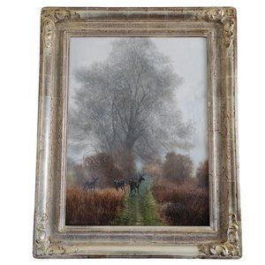 Signed Mathew Hillier "Deer Under the Tree Autumn Walk" Oil on Masonite